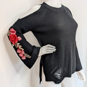 Black Cold Shoulder Bell Sleeve Rib Knit Sweater With Red Roses Embroidery